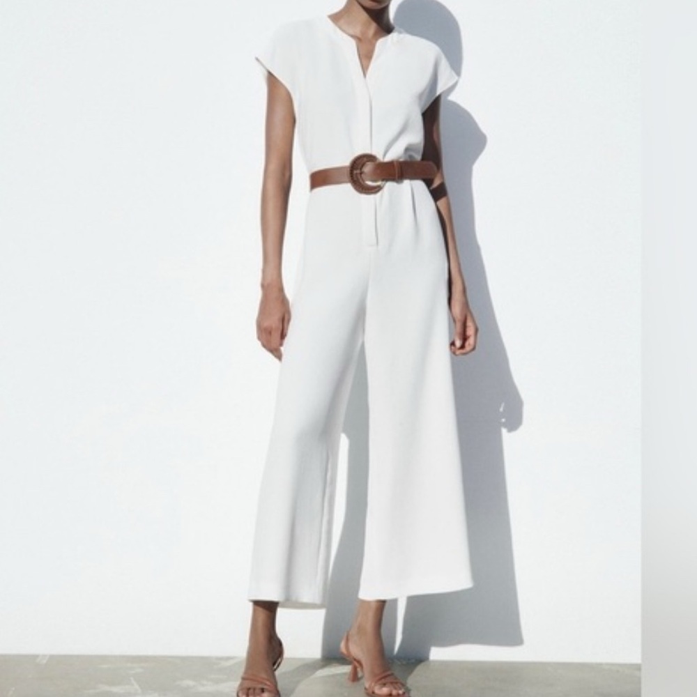 NEW Zara women’s white cap sleeve wide leg romper jumpsuit one piece size XS